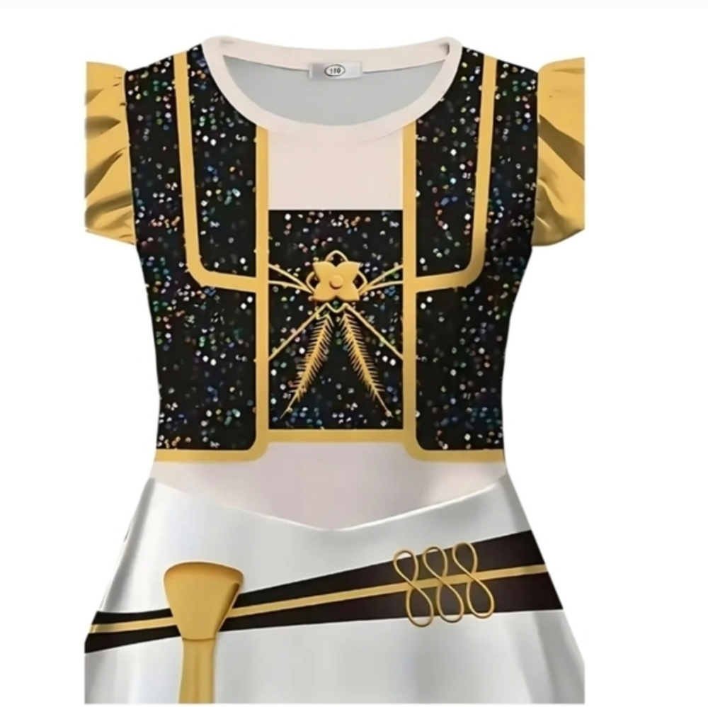 Girls White and Black Gold Ribbon Princess Costume Dress - Picture 5 of 6